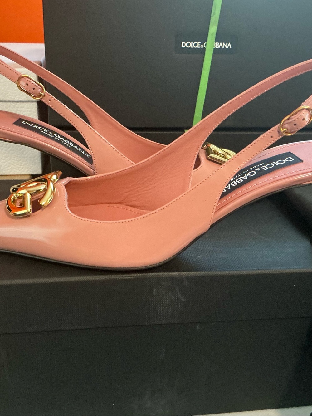 Dolce & Gabbana Coral Pink Leather Slingback Pumps with Gold Chain Accent